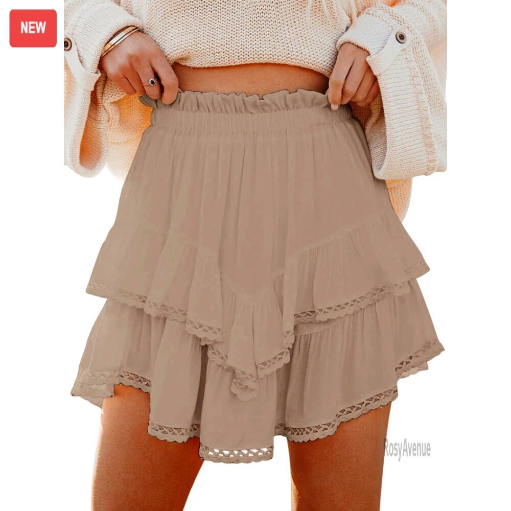 Flowy Ruffle Tiered Skorts High Waist Active Shorts Elastic Waist Crochet Hems